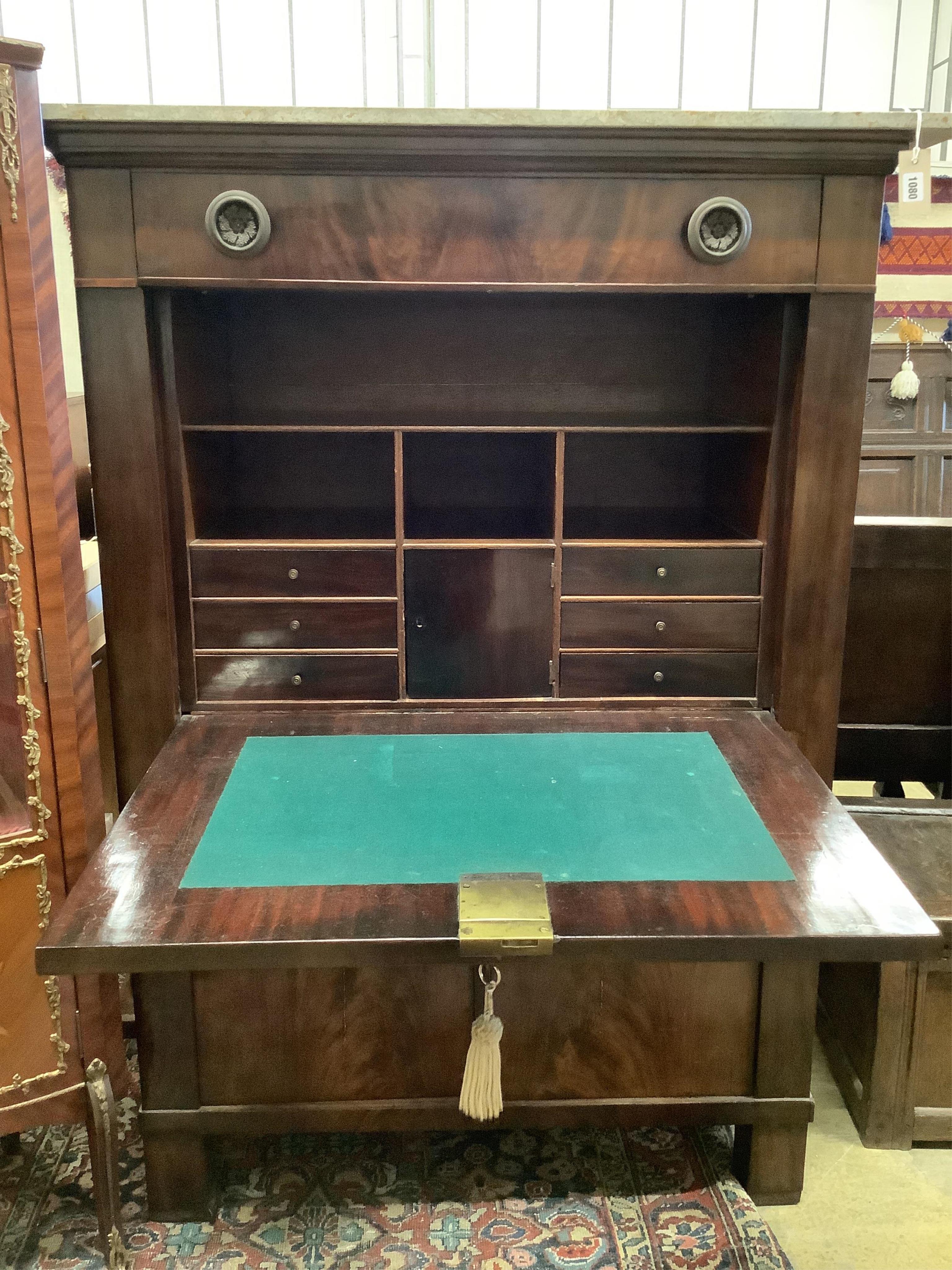 A 19th century French marble topped mahogany secretaire à abbatant, width 108cm, depth 50cm, height 152cm. Condition - fair